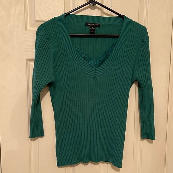 August Silk Turquoise Ribbed Long Sleeve V-Neck Shirt with Lace Collar XL - Picture 2 of 4